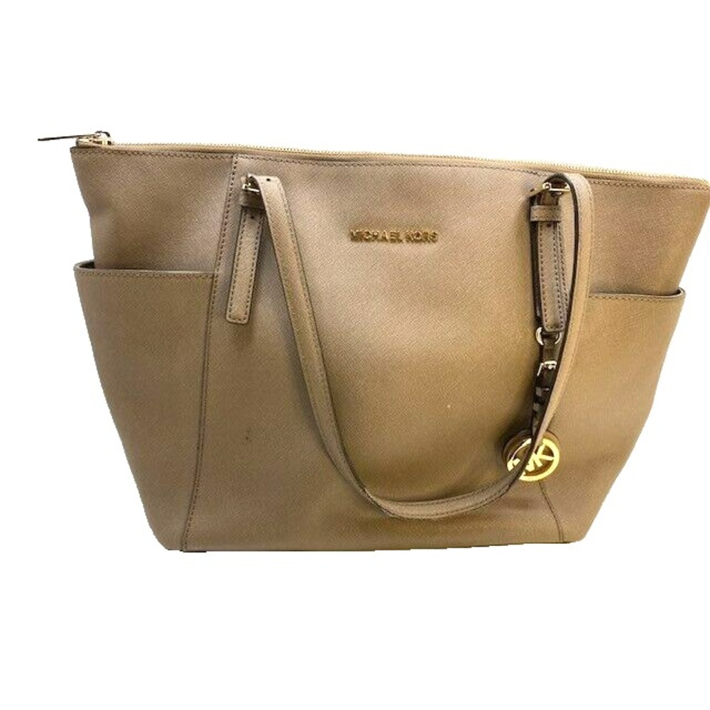 Michael Kors Jet Set Saffiano Tote Leather Dark Dune Color Top Zip Bag